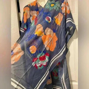 Women's Kimono Scarf Midi Accent Floral Blue Orange Pretty